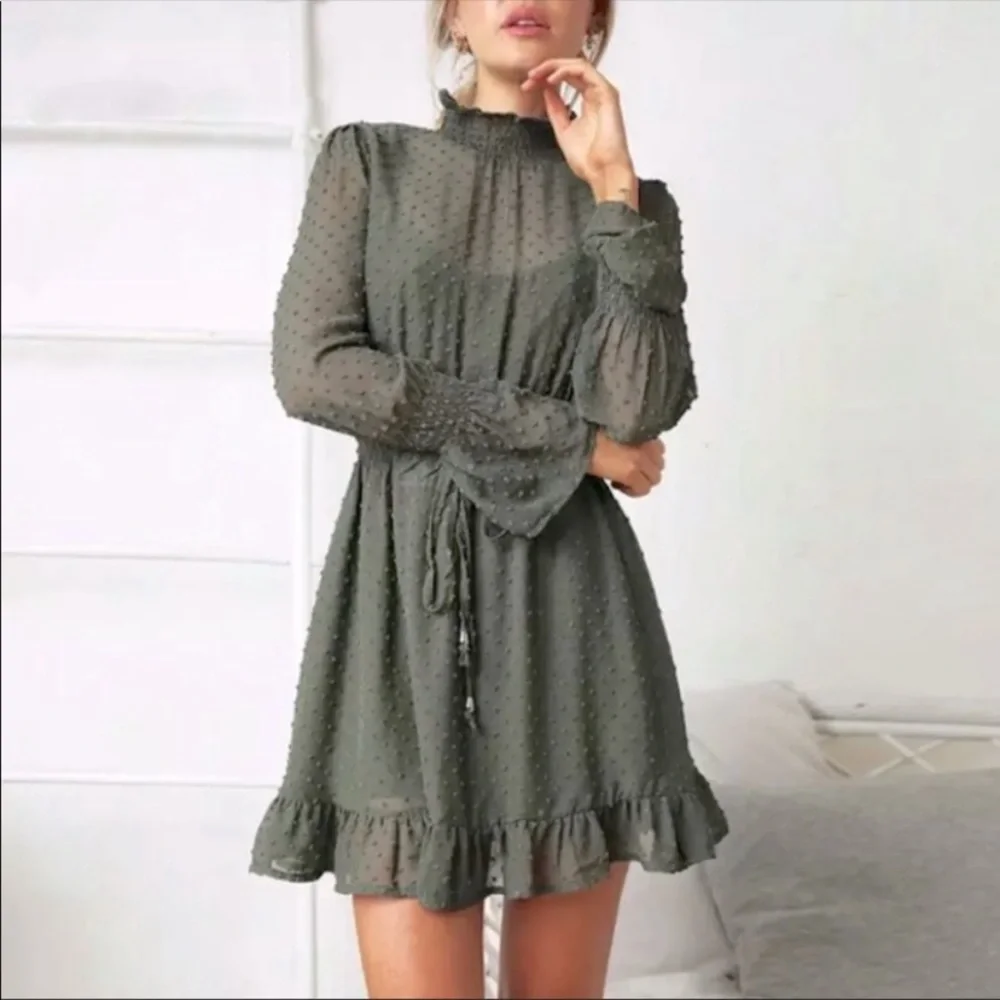 Mira Mock Neck Olive Tiered Mini Dress - Picture 3 of 6